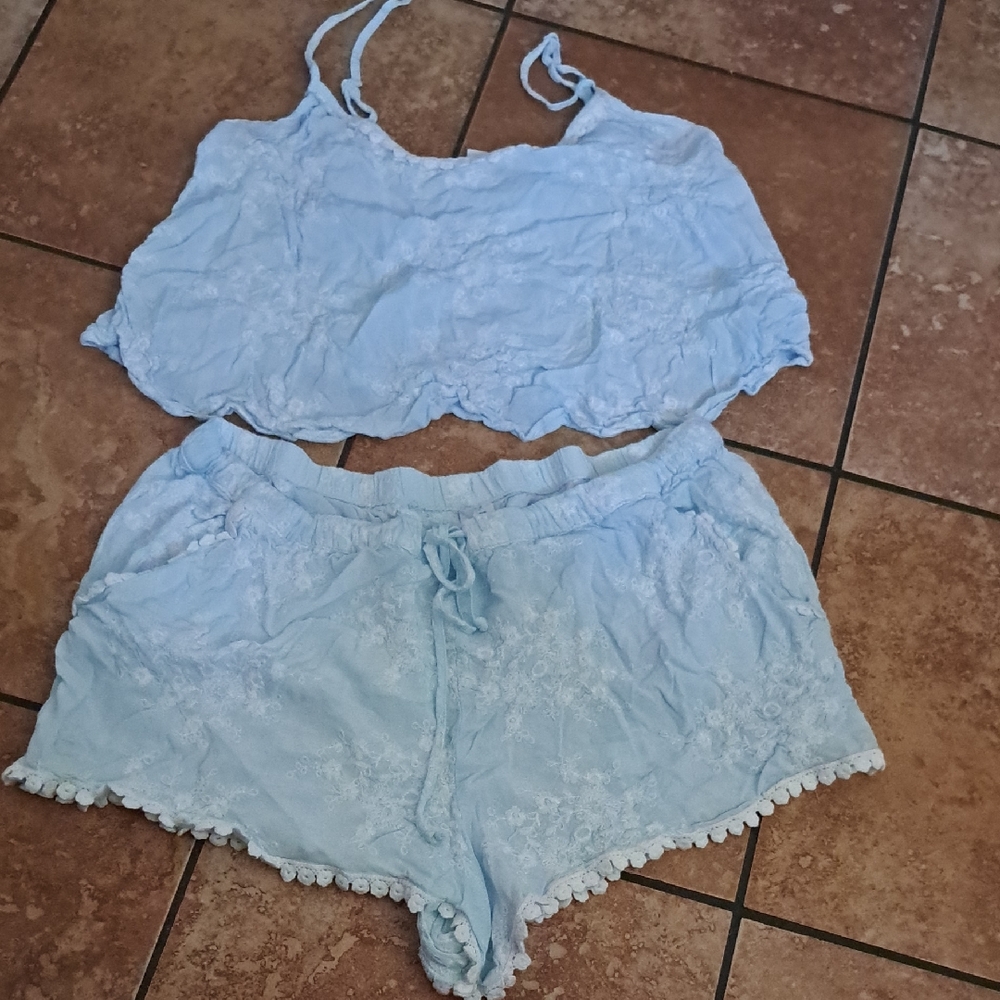 Blue and White Lace Chemise with Floral Detailing